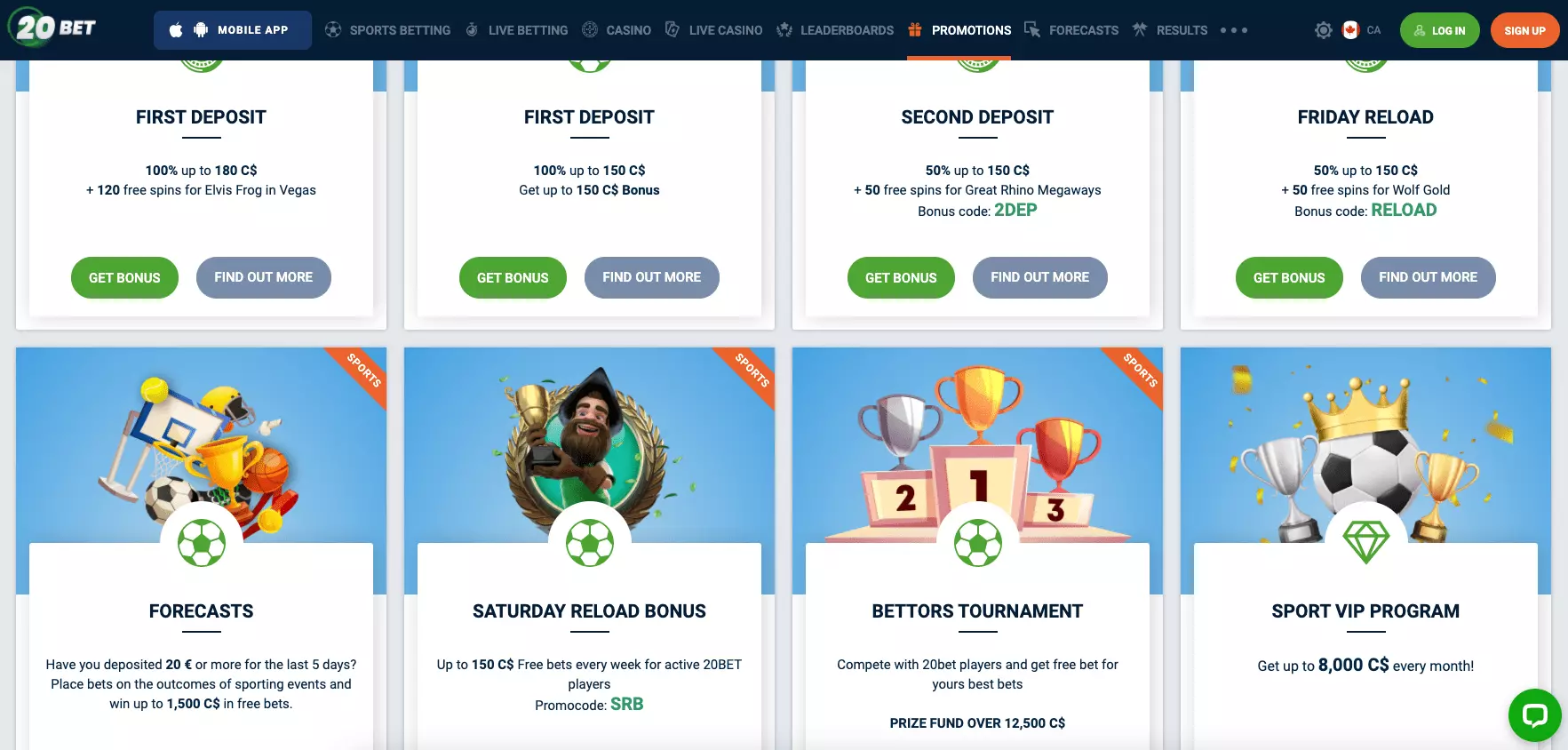 Casino bonuses and promotions on 20Bet