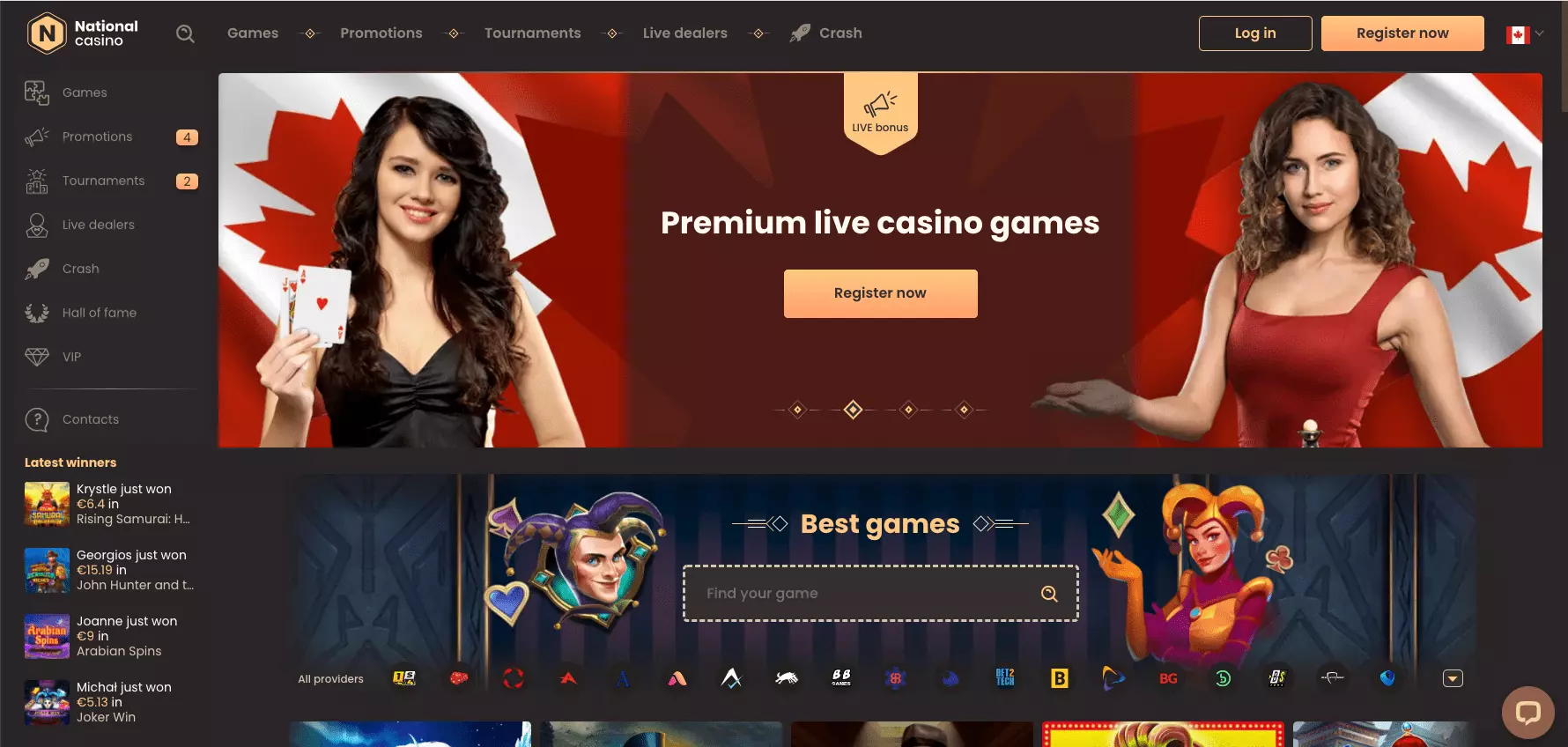 National casino games and home page lobby