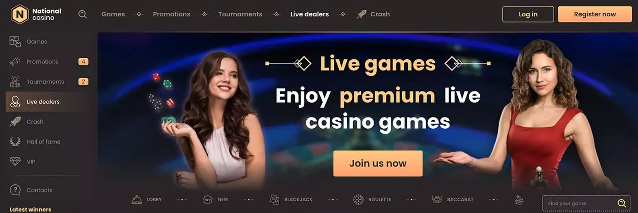 Live dealer game lobby on National Casino