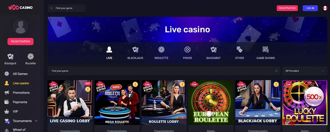 WooCasino in Canada - live casino games.