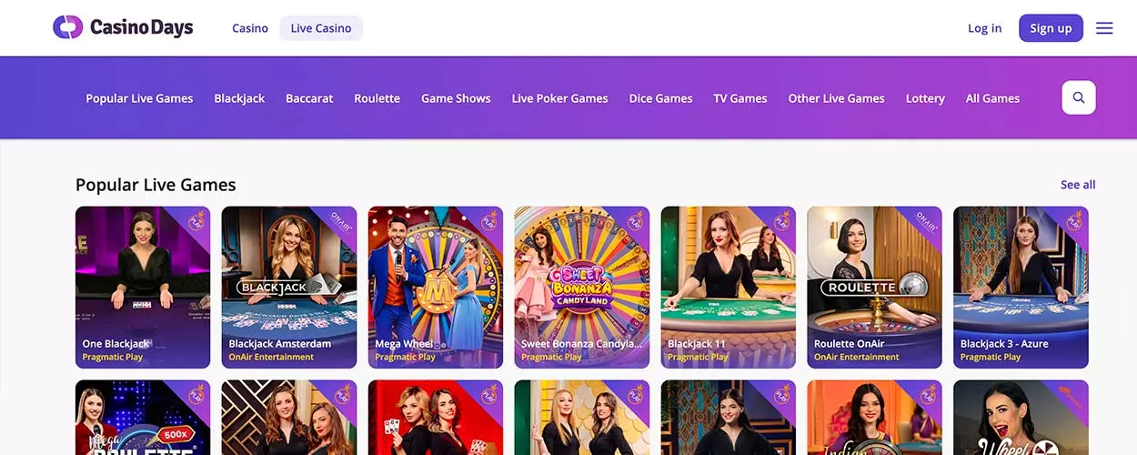 Live table games on Casino Days - Canada