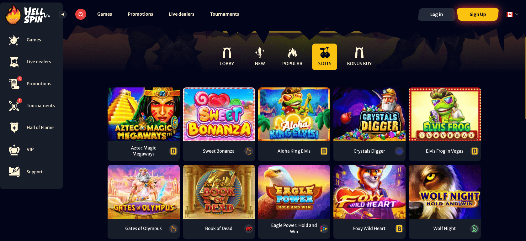 Online slots lobby at Hell Spin casino Canada