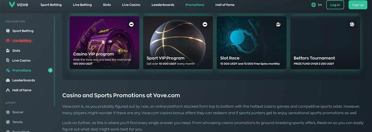 Vave Casino bonuses and promotions