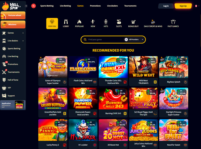 Online slots lobby at Hell Spin casino Canada