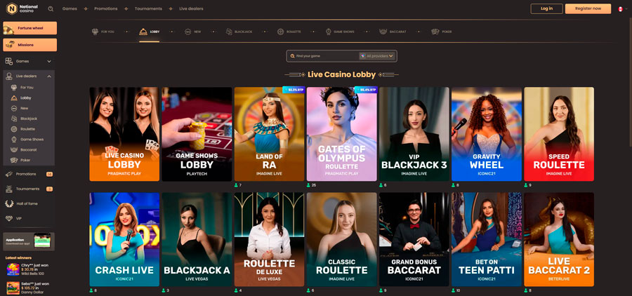 Live dealer game lobby on National Casino