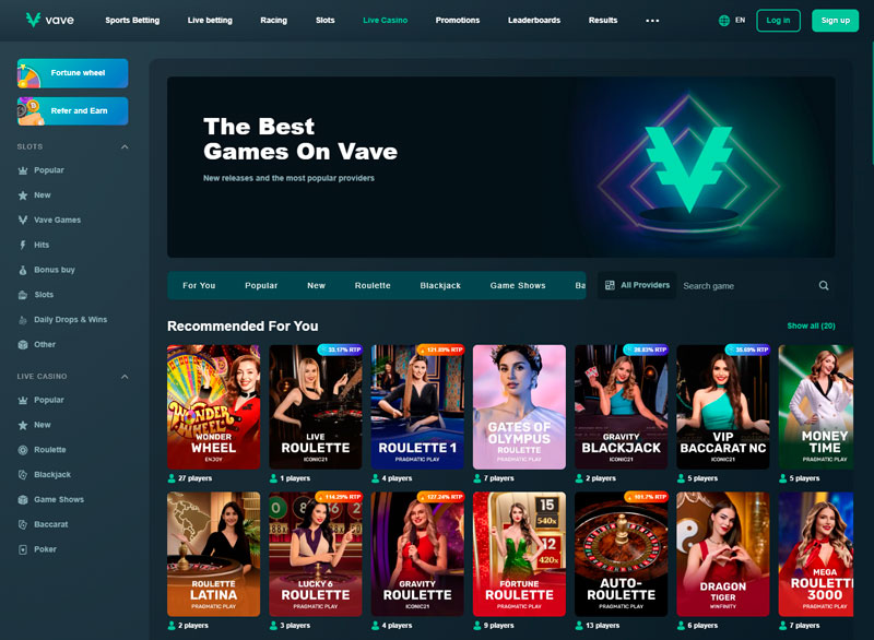 Vave Casino in Canada - live casino games.